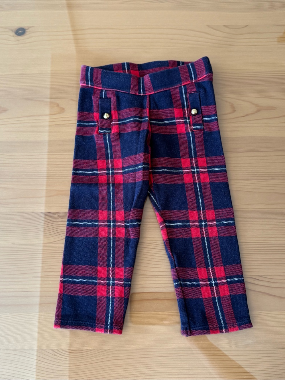 Janie and Jack Kids Knit Leggings, Red & Navy Plaid with gold buttons, 2T